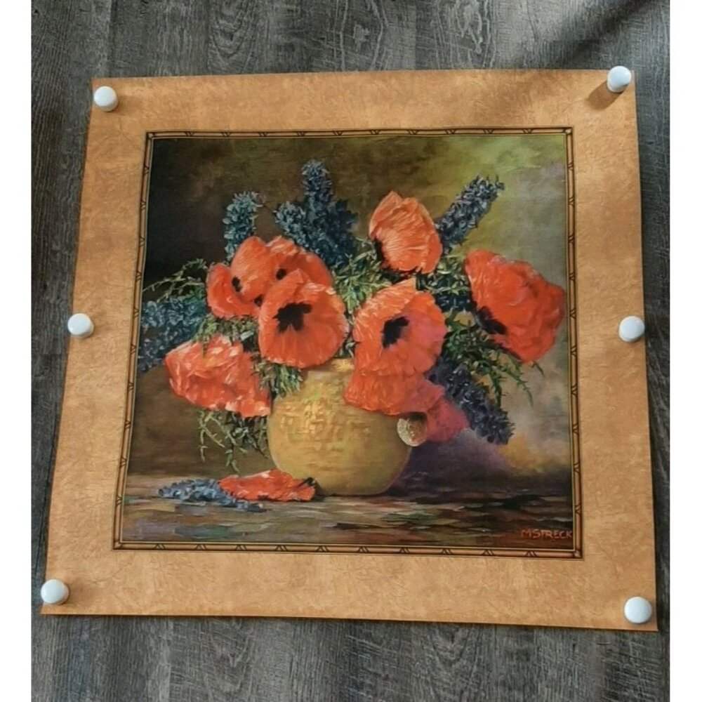 Vintage M Streckenbach Floral Print Poppies Vase Still Life MCM 29 1/2 in Square